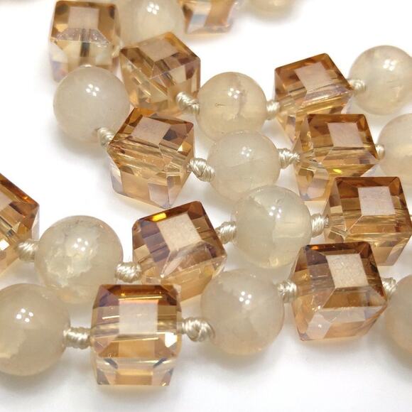 Square Crystal Light Topaz Crackle Glass Beaded Long Necklace, 40" Hand-knotted - Picture 10 of 10